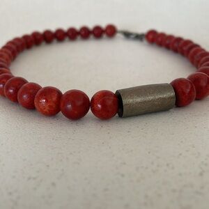 Wood and metal red distressed silver necklace